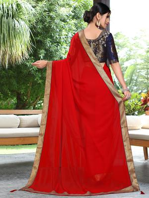 Solid Lace Border Saree with blouse - 16332703 - Standard Image - 2