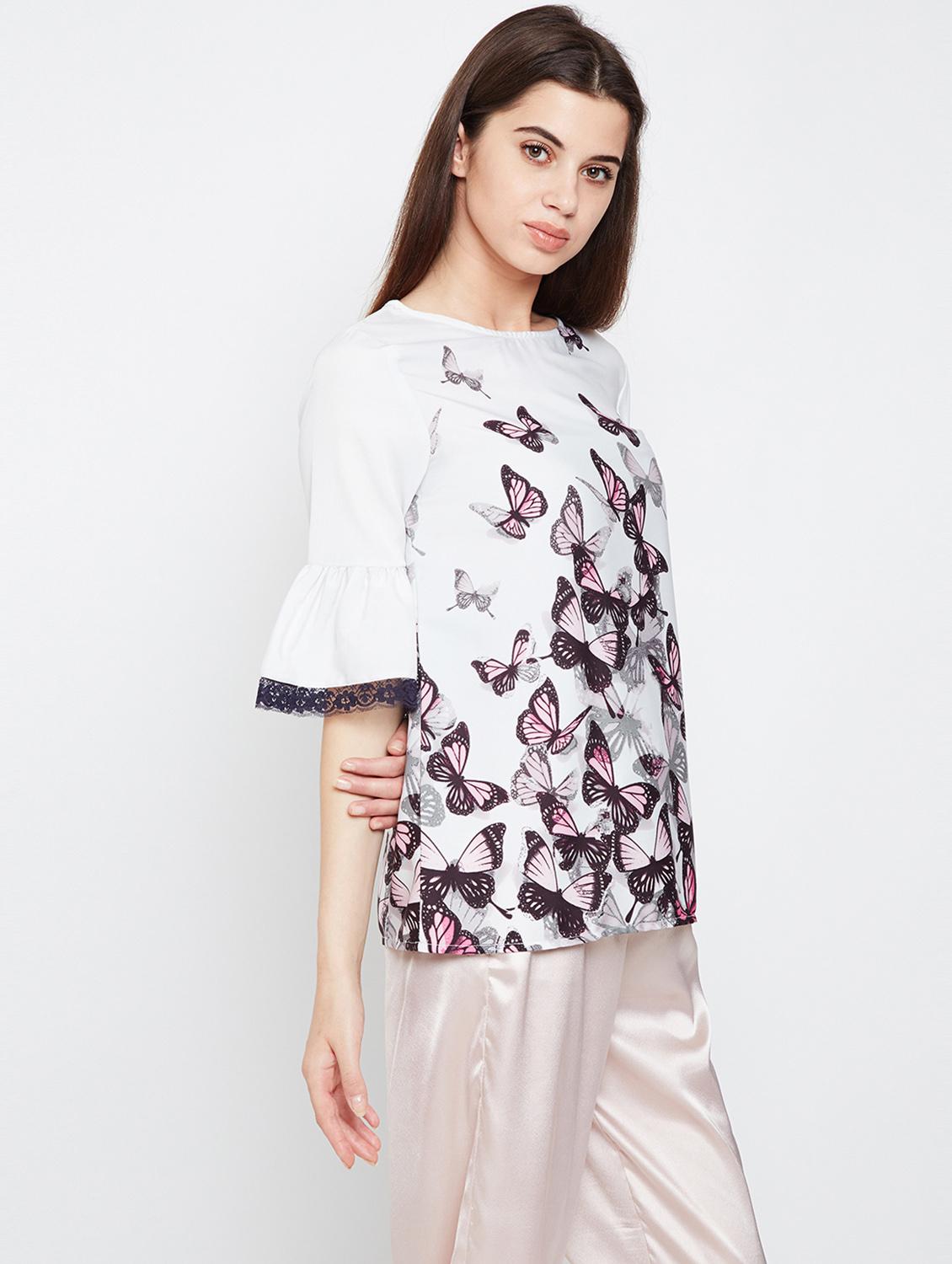 lace trim bell sleeved top - 16333159 - Zoom Image - 2