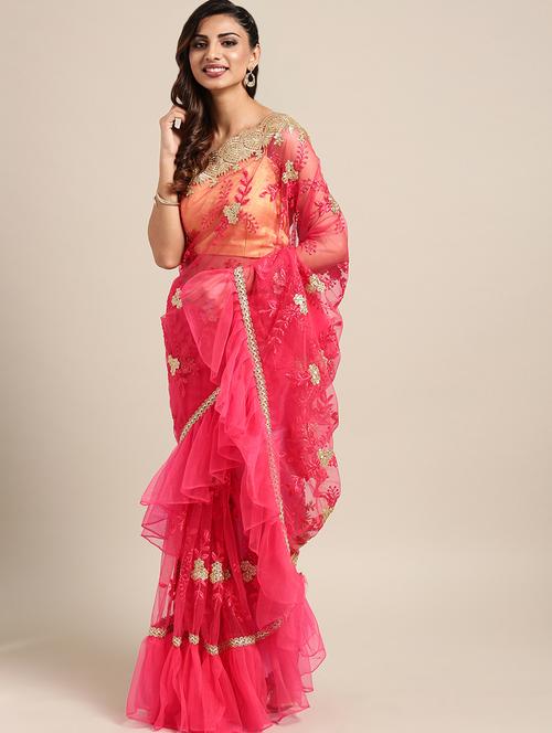 pastel embroidered ruffle saree with blouse - 16336428 - Standard Image - 1
