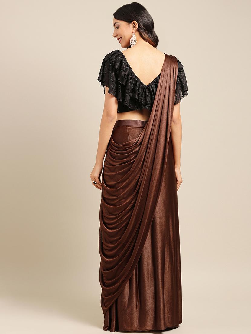 solid drape fusion saree with blouse - 16336435 - Zoom Image - 2