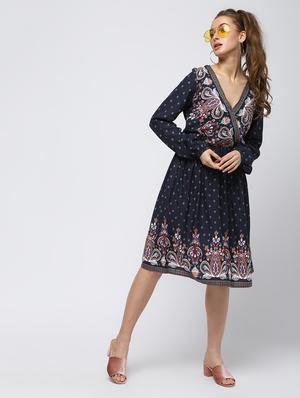 overlap neck floral a-line dress - 16336451 - Standard Image - 2