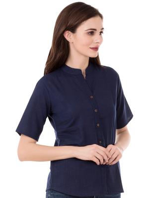 mandarin neck solid shirt - 16339712 - Standard Image - 2