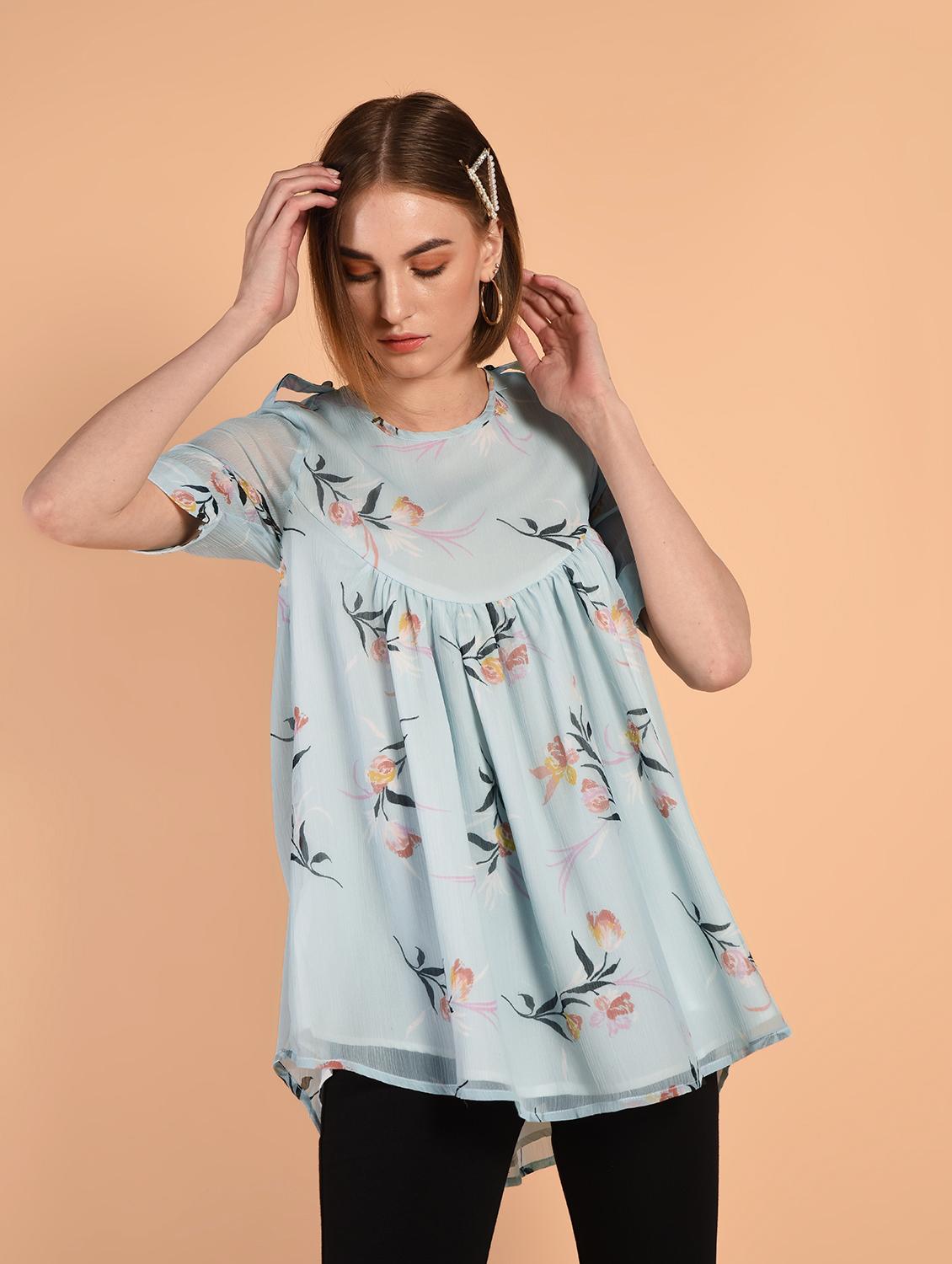 short sleeved gathered high low top - 16342208 - Zoom Image - 2