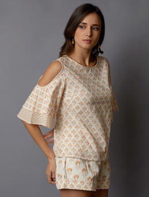 cold shoulder floral top with shorts set - 16345420 - Standard Image - 2