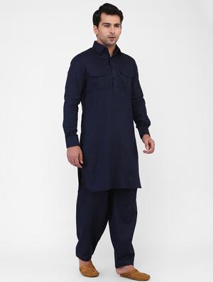 navy blue solid pathani set - 16346901 - Standard Image - 2