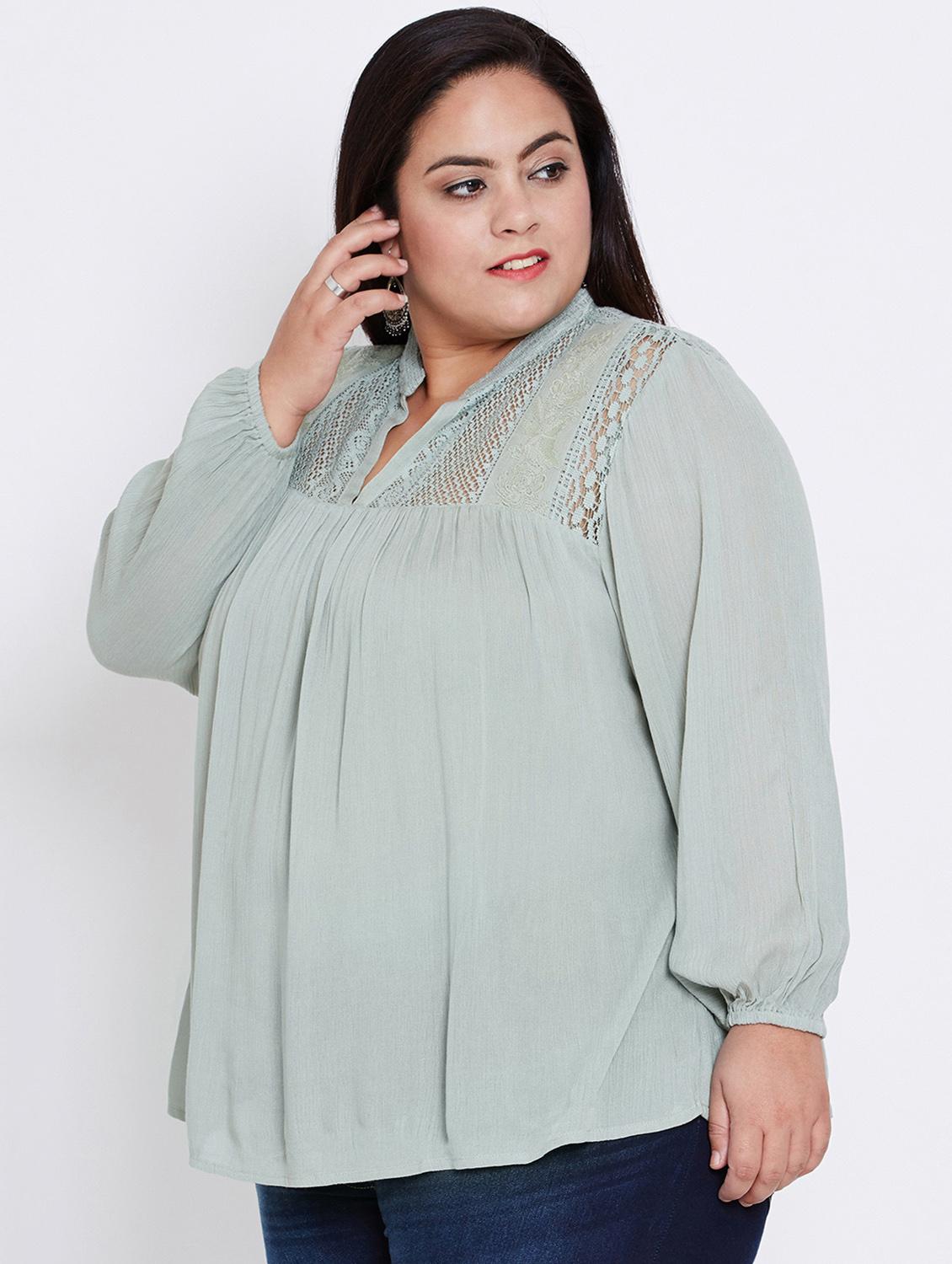 lace detail mandarin neck plus top - 16348933 - Zoom Image - 2
