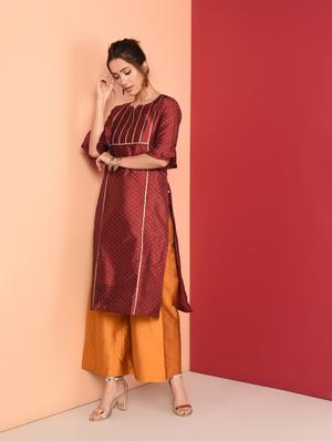 zari motifs straight kurta - 16350339 - Standard Image - 2