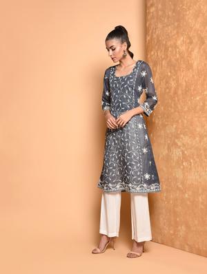 grey cotton embroidered dupatta - 16352202 - Standard Image - 2