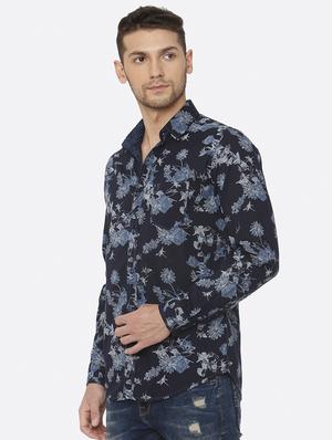 navy blue floral print casual shirt - 16358139 - Standard Image - 2