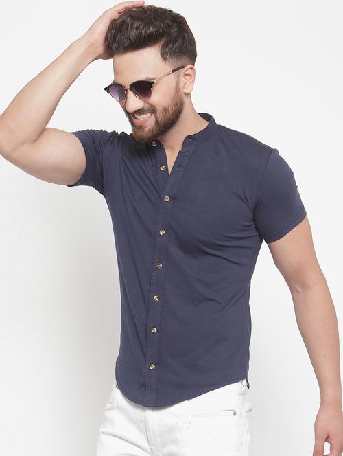 navy blue solid casual shirt - 16370374 - Standard Image - 1