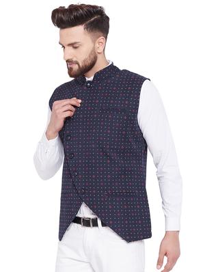 navy blue printed nehru jacket - 16375300 - Standard Image - 2