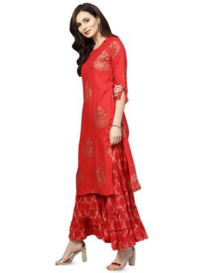 gold printed kurta with palazzo set - 16377376 - Standard Image - 2