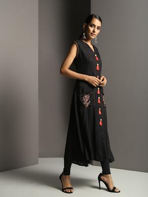 block print a-line kurta with tassels - 16378846 - Standard Image - 2