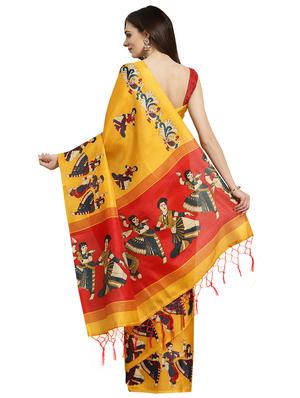 mustard silk blend printed saree with blouse - 16380902 - Standard Image - 2