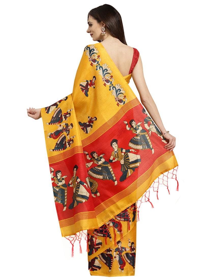 mustard silk blend printed saree with blouse - 16380902 - Zoom Image - 2