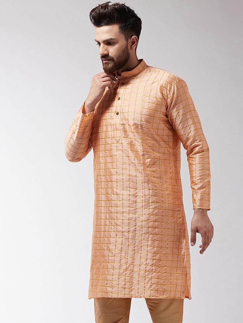 orange silk blend checkered long kurta - 16385435 - Zoom Image - 2