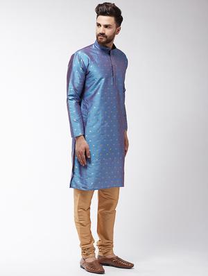 blue silk blend kurta pyjama - 16385549 - Standard Image - 2