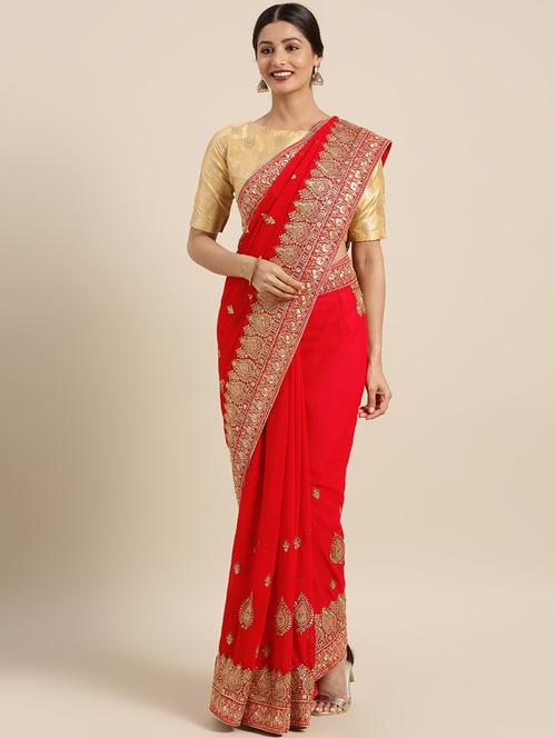 red georgette embroidered saree with blouse - 16389883 - Standard Image - 1