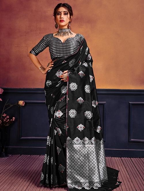 silver zari motifs banarasi saree with blouse - 16392432 - Standard Image - 1