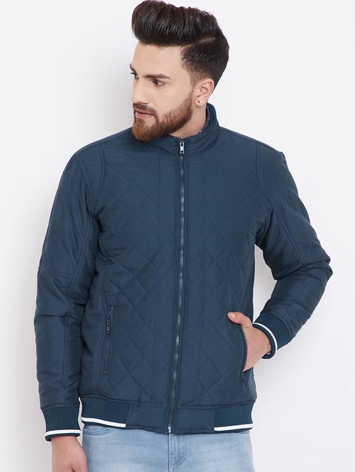 navy blue solid quilted jacket - 16396877 - Standard Image - 1