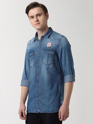 blue solid denim casual shirt - 16402739 - Standard Image - 2