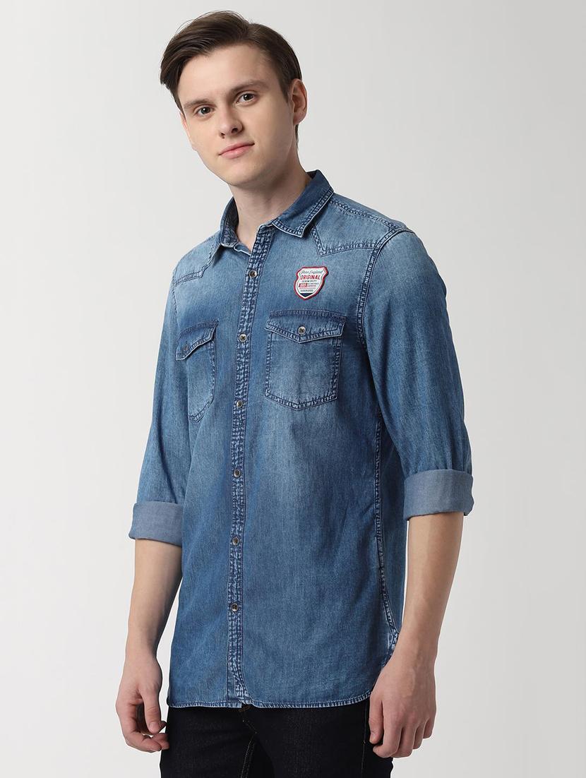 blue solid denim casual shirt - 16402739 - Zoom Image - 2