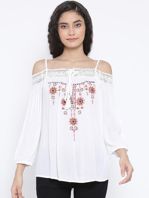 cold shoulder lace detail embroidered top - 16406970 - Standard Image - 1