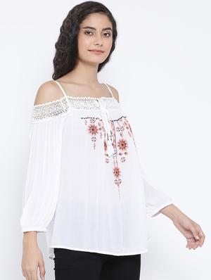 cold shoulder lace detail embroidered top - 16406970 - Standard Image - 2