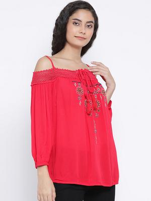 cold shoulder lace detail embroidered top - 16406971 - Standard Image - 2