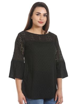 bell sleeved schiffli detail dobby top - 16417512 - Standard Image - 2