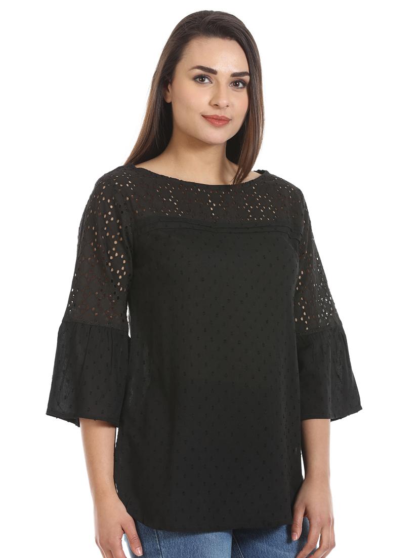 bell sleeved schiffli detail dobby top - 16417512 - Zoom Image - 2