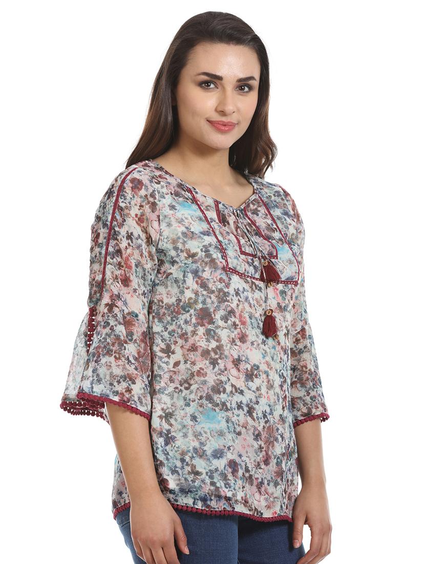 tassel tie up lace detail floral top - 16417515 - Zoom Image - 2