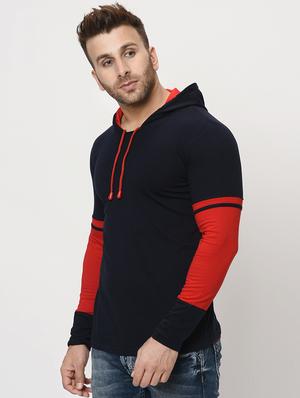 navy blue color block hooded t-shirt - 16420721 - Standard Image - 2