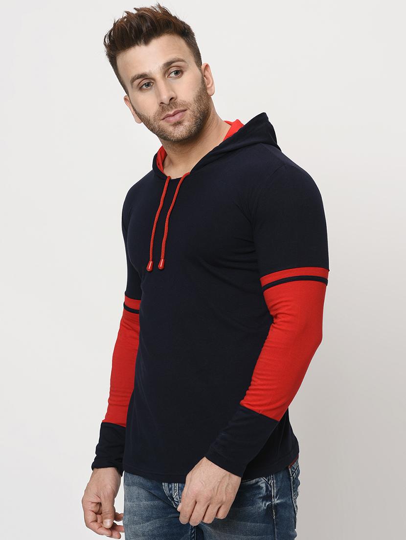 navy blue color block hooded t-shirt - 16420721 - Zoom Image - 2