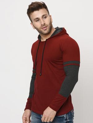 maroon color block hooded t-shirt - 16420724 - Standard Image - 2