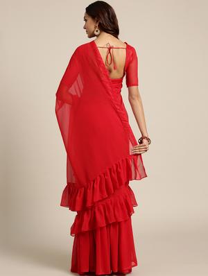 solid ruffle saree with blouse - 16421897 - Standard Image - 2