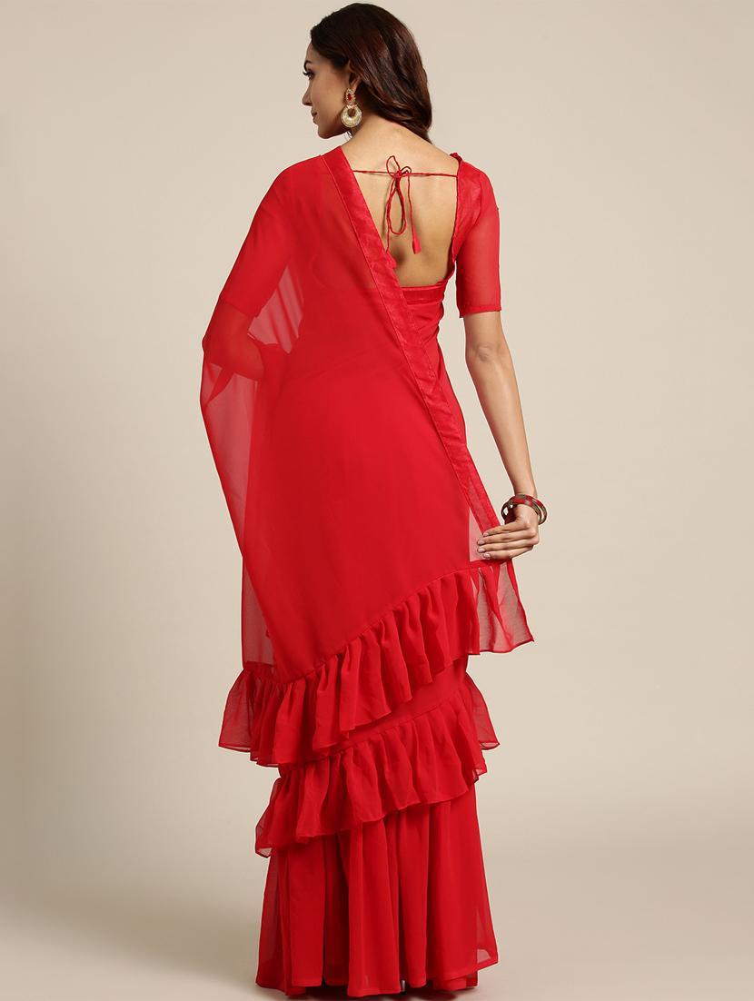 solid ruffle saree with blouse - 16421897 - Zoom Image - 2