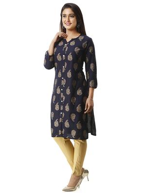 gold foil printed straight kurta - 16432347 - Standard Image - 2