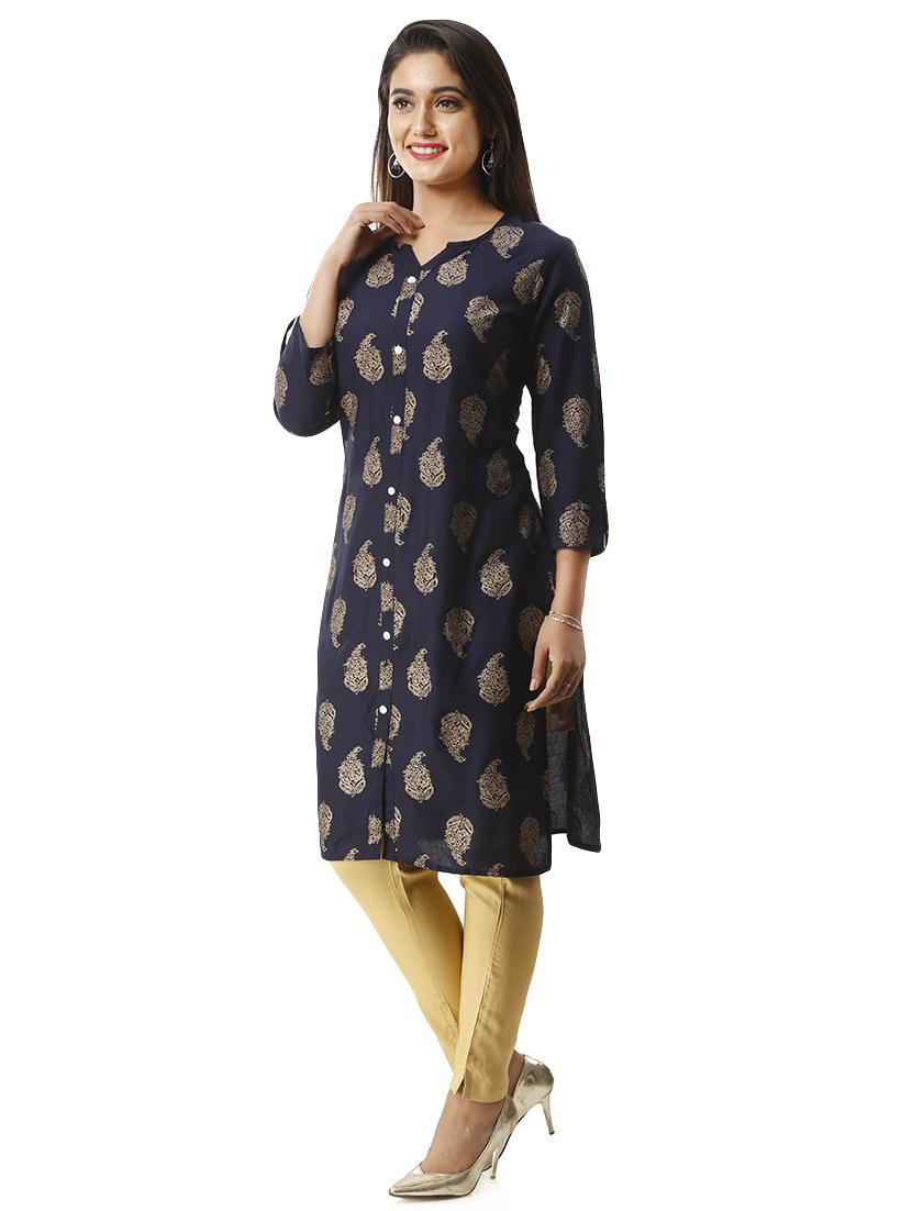 gold foil printed straight kurta - 16432347 - Zoom Image - 2