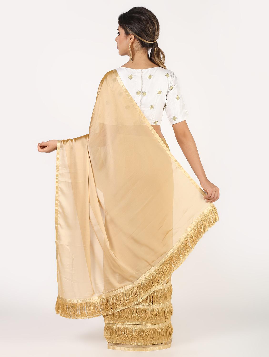 fringe border fusion saree with blouse - 16435250 - Zoom Image - 2
