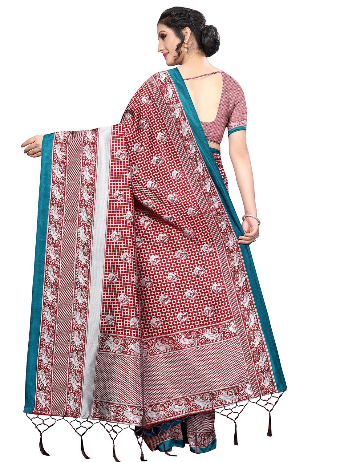 checkered printed bhagalpuri saree with blouse - 16436637 - Zoom Image - 2