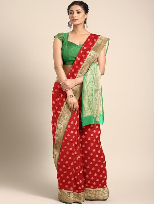 ethnic zari motif woven saree with blouse - 16439116 - Very Small Image - 1