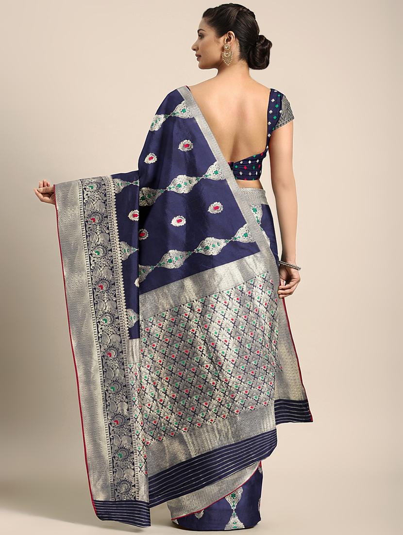 floral zari motif woven saree with blouse - 16439128 - Zoom Image - 2