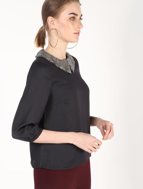 sequins peter pan neck solid top - 16441661 - Standard Image - 1