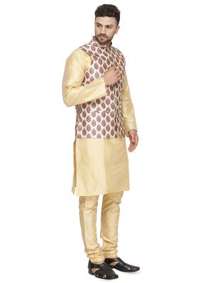 beige solid kurta pyjama set with printed nehru jacket - 16442297 - Standard Image - 2