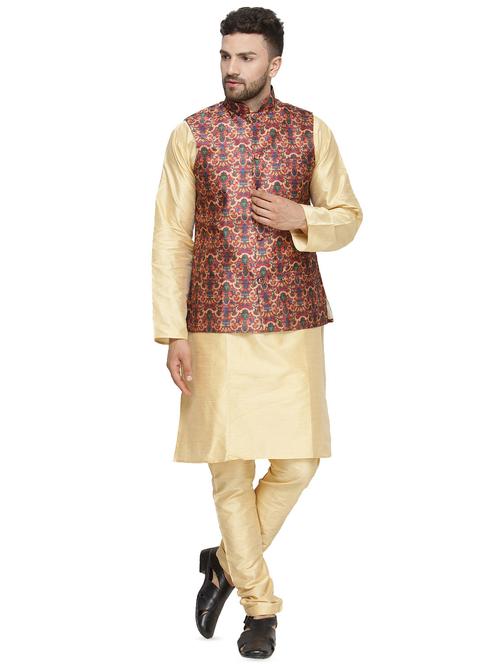 beige solid kurta pyjama set with red printed nehru jacket - 16442298 - Standard Image - 1