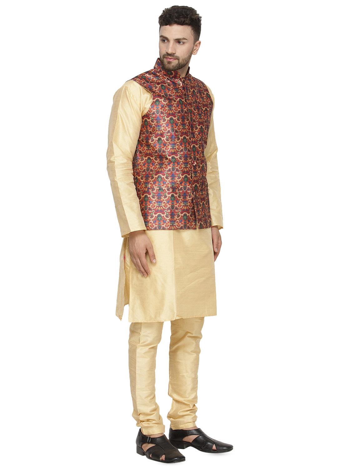 beige solid kurta pyjama set with red printed nehru jacket - 16442298 - Zoom Image - 2