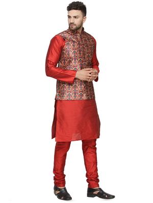 red solid kurta pyjama set with red printed nehru jacket - 16442302 - Standard Image - 2