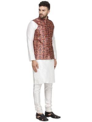 white solid kurta pyjama set with red printed nehru jacket - 16442308 - Standard Image - 2