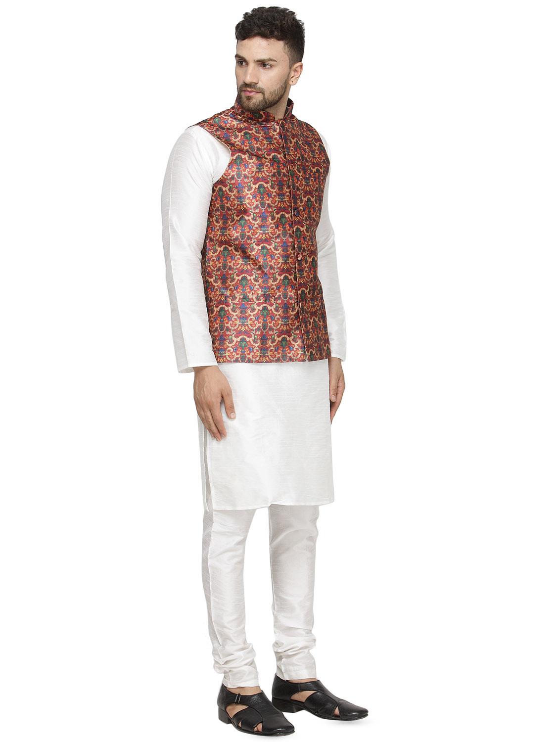 white solid kurta pyjama set with red printed nehru jacket - 16442308 - Zoom Image - 2